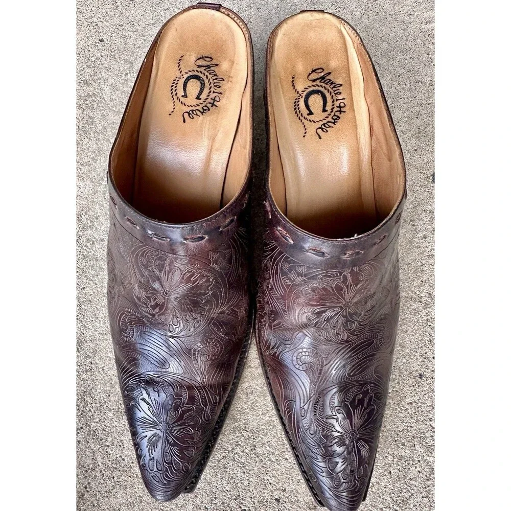 Charlie 1 Horse Brown Floral Embossed Leather Pointed Toe Mule Heels 8.5B